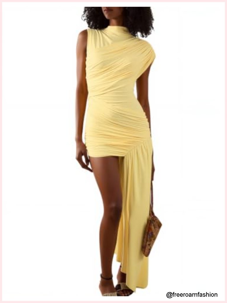 Mock Neck Sleeveless Bodycon Dress - Ruched Ribbon Irregular Hem Mini Dress